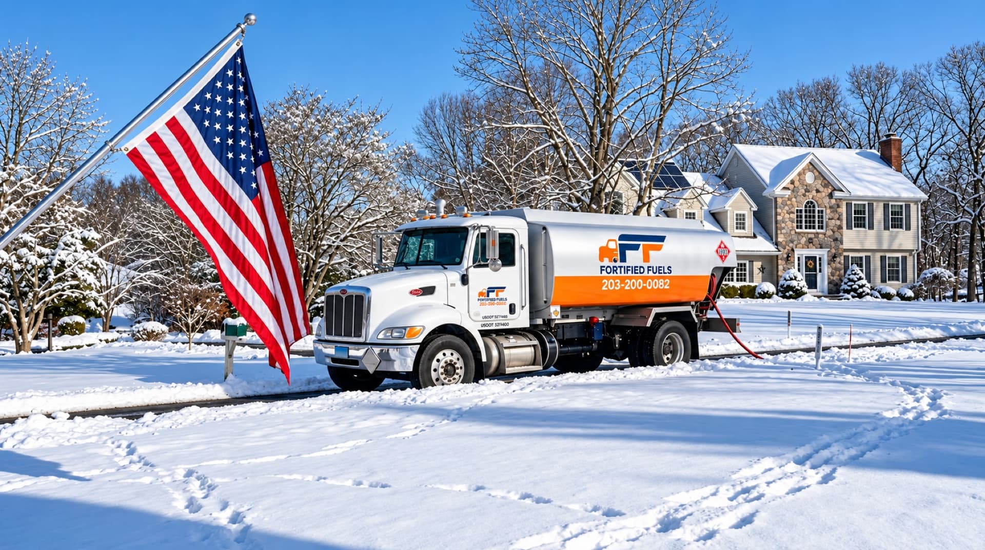 Fortified Fuels heating oil delivery truck outside a snow-covered Connecticut home